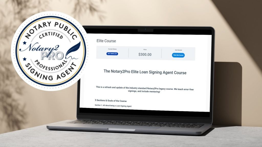 A laptop with Notary2Pro's view of the elite course enrolment page and the Notary2Pro Loan Signing Agent logo.
