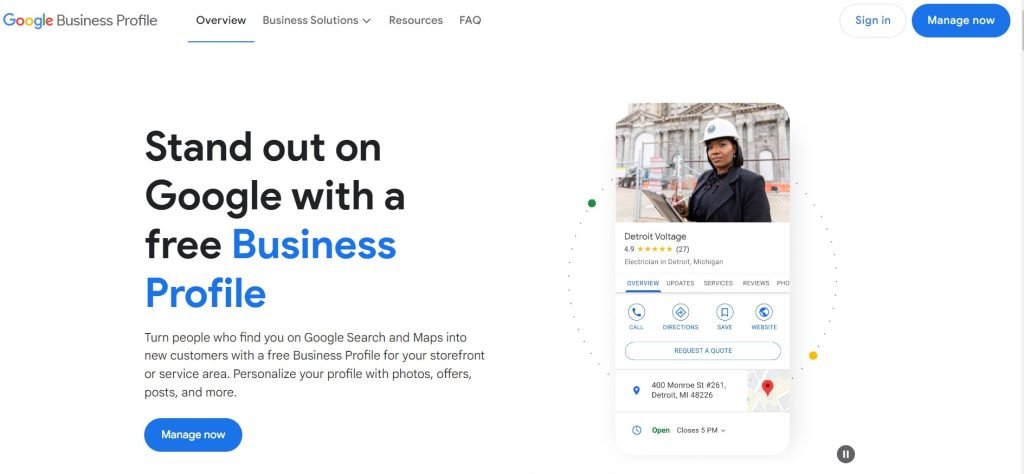 A screenshot of the Google Business Profile landing page. 