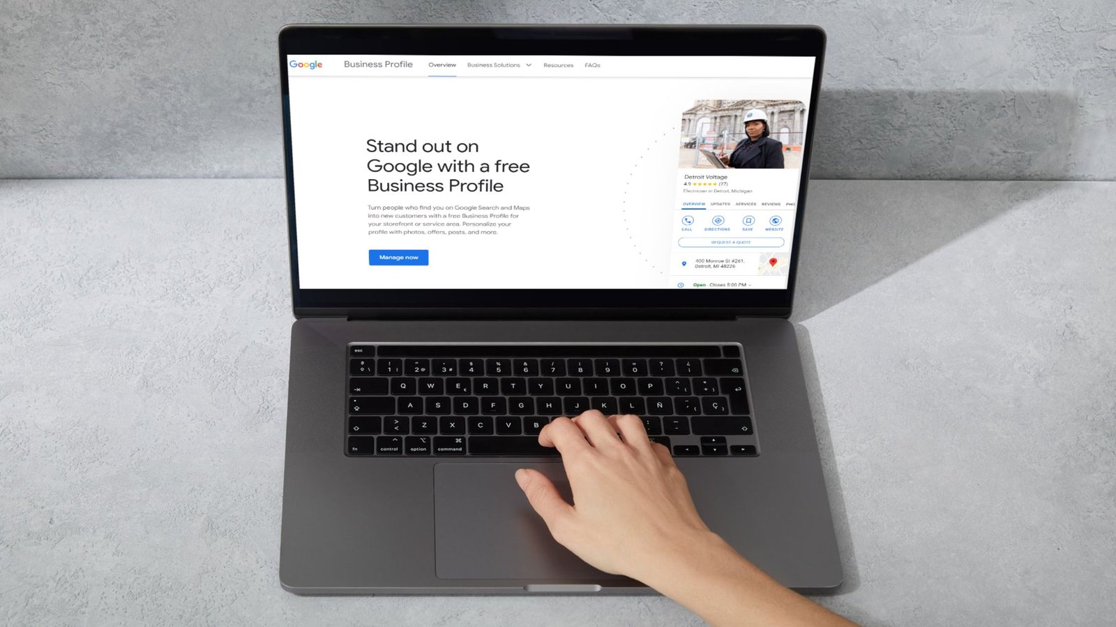 Image of a laptop displaying the Google Business Profile Page.