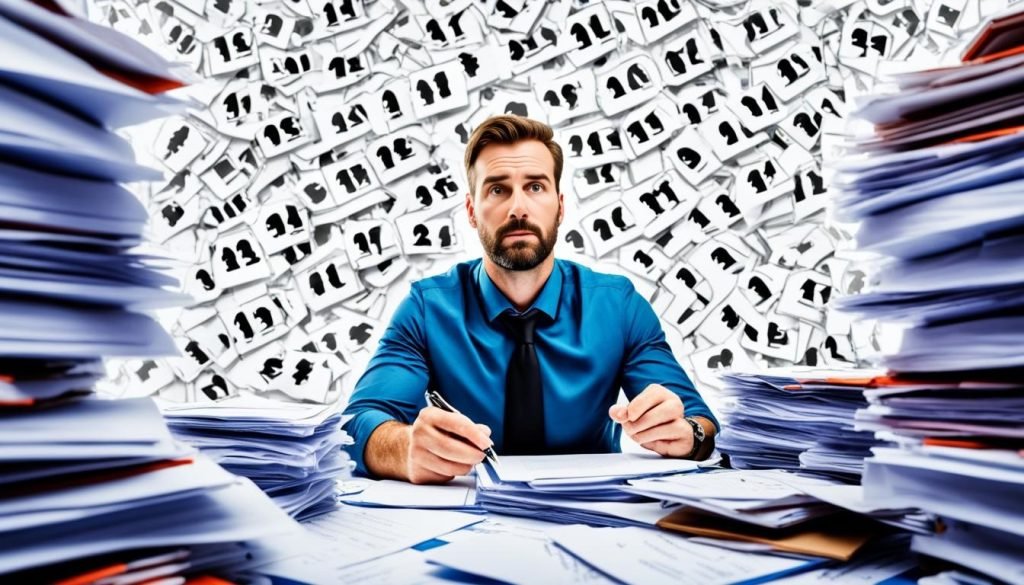 A loan signing agent swamped with many documents.