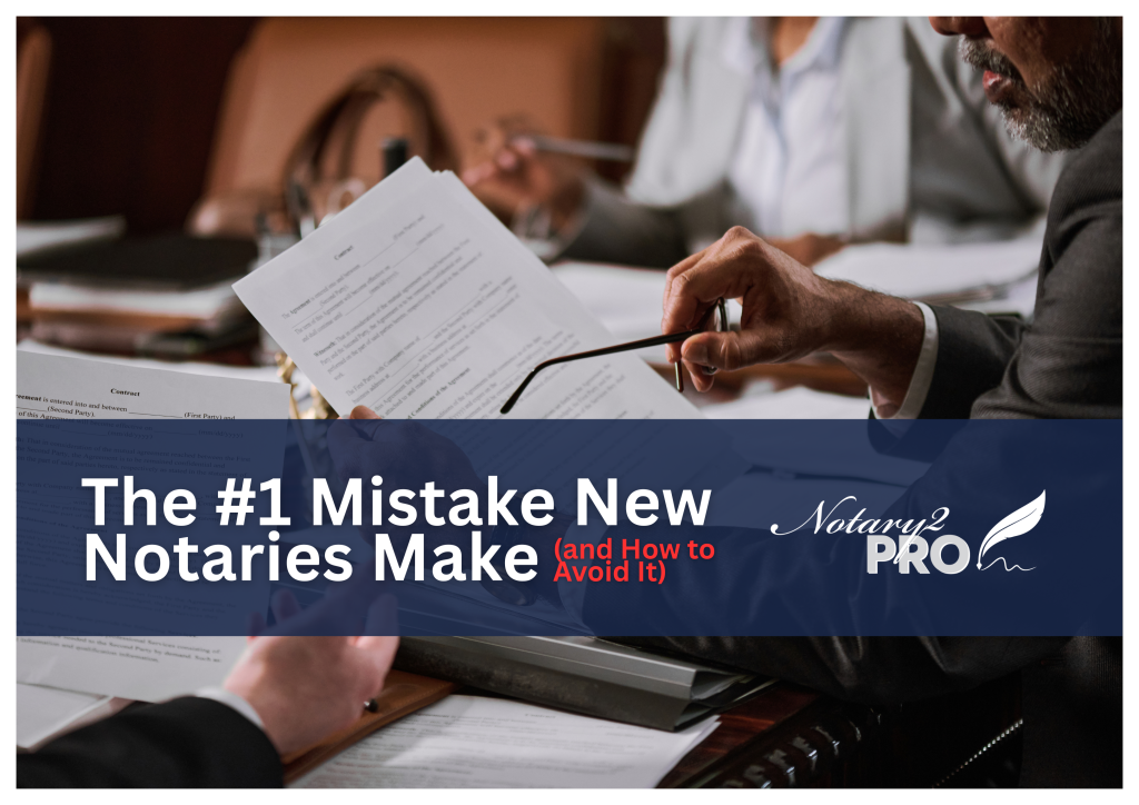 “Business professionals reviewing notarization documents at a table with overlay text ‘The #1 Mistake New Notaries Make.’ Educational graphic for Notary2Pro explaining common notary mistakes and how new notaries can avoid them.” If you want a shorter or more keyword-heavy version, I can tailor it.