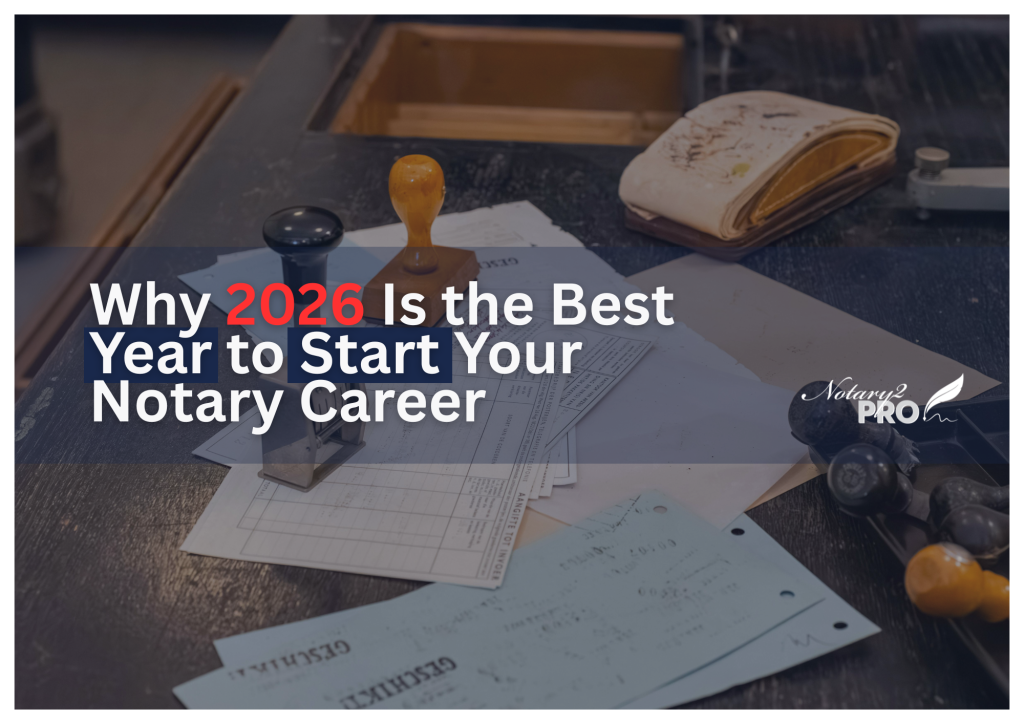 A desk with scattered official documents, notary stamps, and a stamp pad, overlaid with text reading “Why 2026 Is the Best Year to Start Your Notary Career” and the Notary2Pro logo.