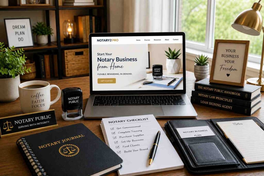 Professional home office setup for starting a notary business from home with essential notary supplies, laptop, journal, and workspace.