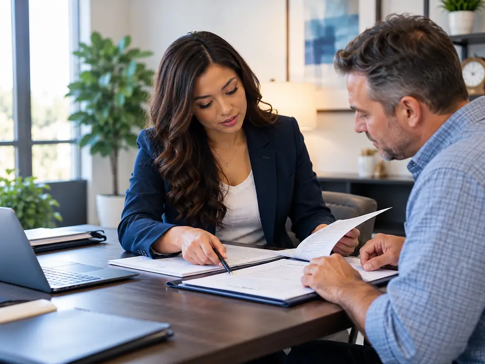 Notary reviewing documents with a client at a signing table